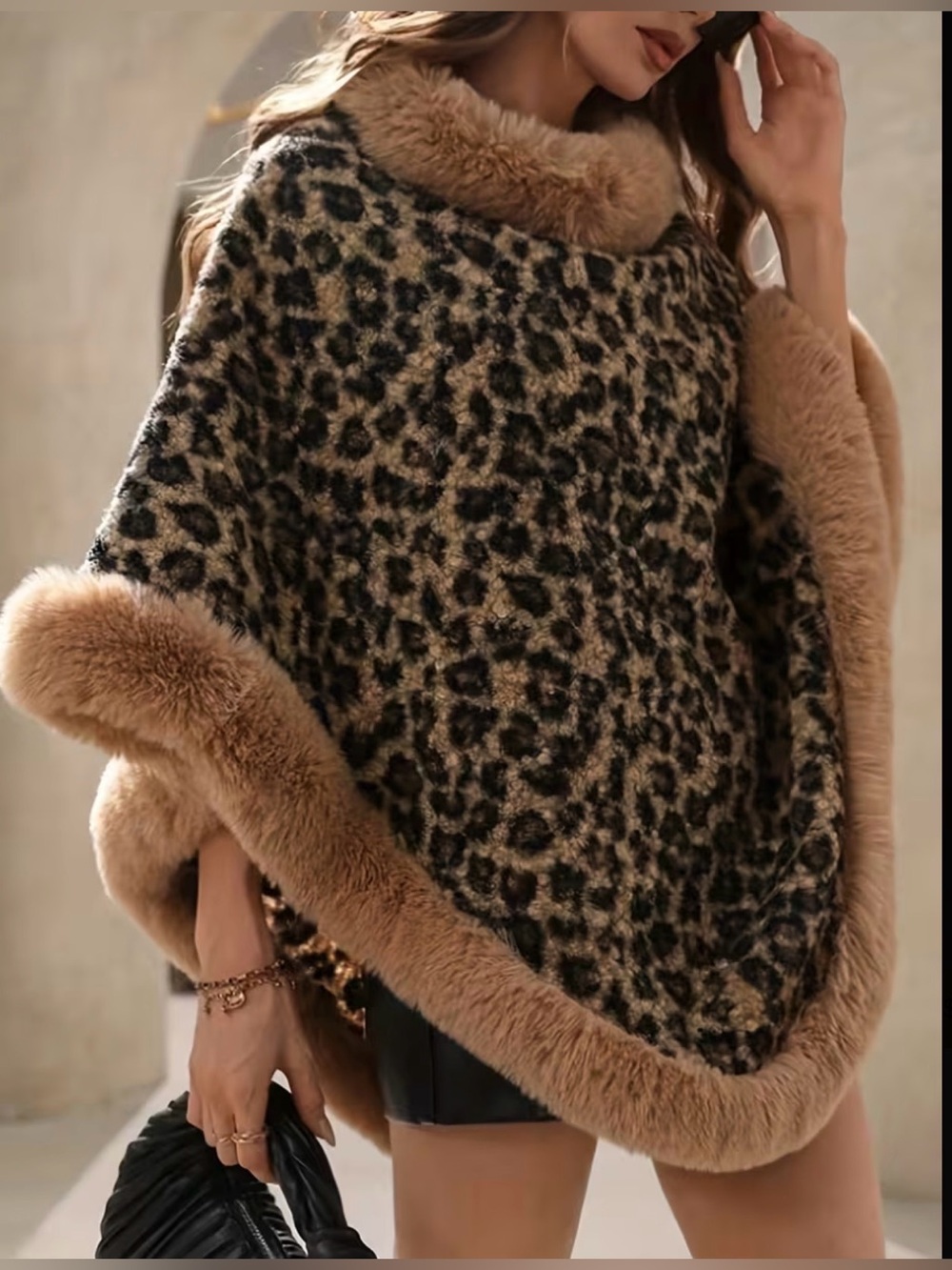 Leopard Faux Fur Trim Poncho New